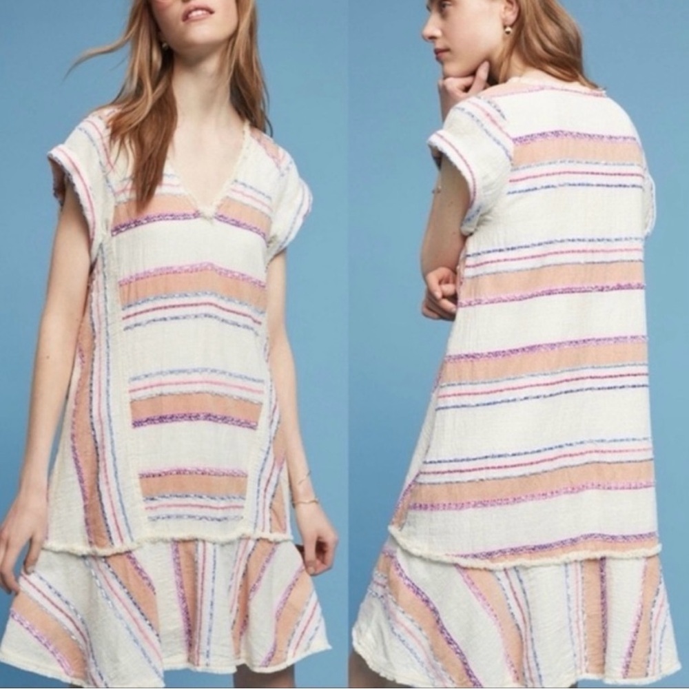 Anthropologie HOLDING HORSES Cream Multi-Stripe Knit Dress 100% cotton soft